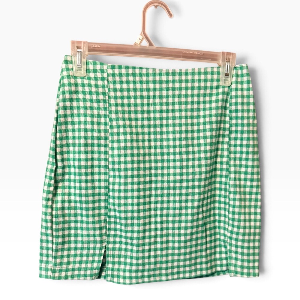 Mini Skirt Womens 7 Green Gingham Excellent Front Slit High Waist